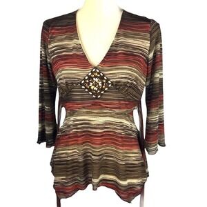 j.t.b. Top Women's Top Embellished M Brown stripes 3/4 sleeve‎ V-Neck Blouse.